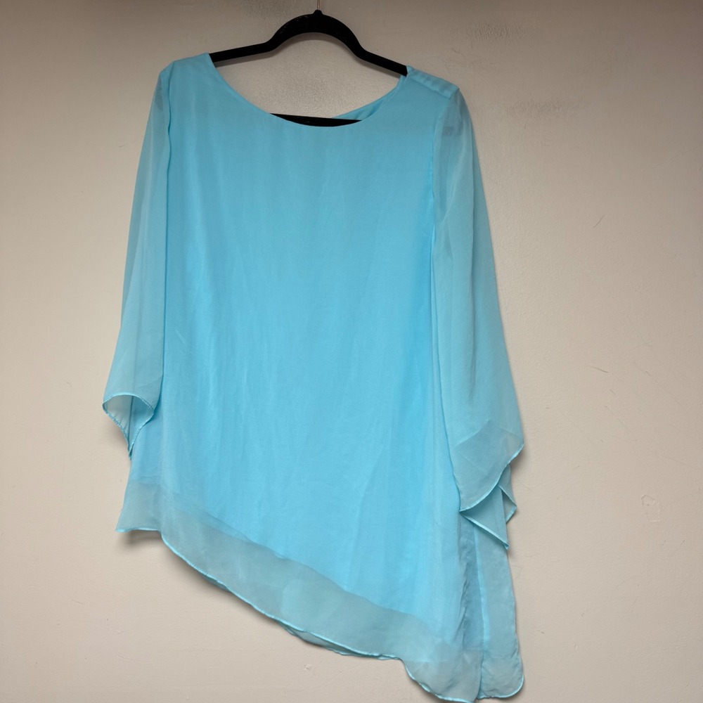 Chicos Asymmetric Tunic Women Size 2 Large Blue Excellent Chiffon Sharkbite 8693